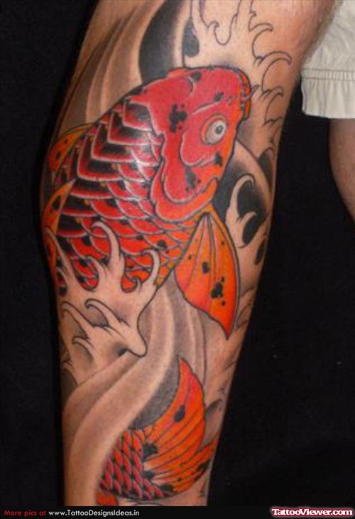 Colored Japanese Koi Fish Tattoo On Leg