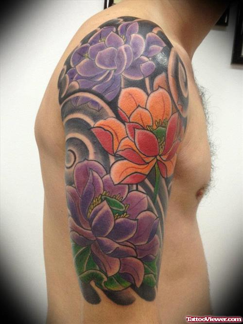 Colored Japanese Flowers Tattoo On Man Right Half Sleeve