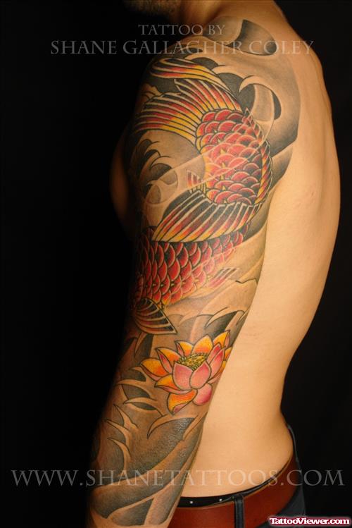 Colored Flower And Japanese Fish Tattoo On Left Sleeve