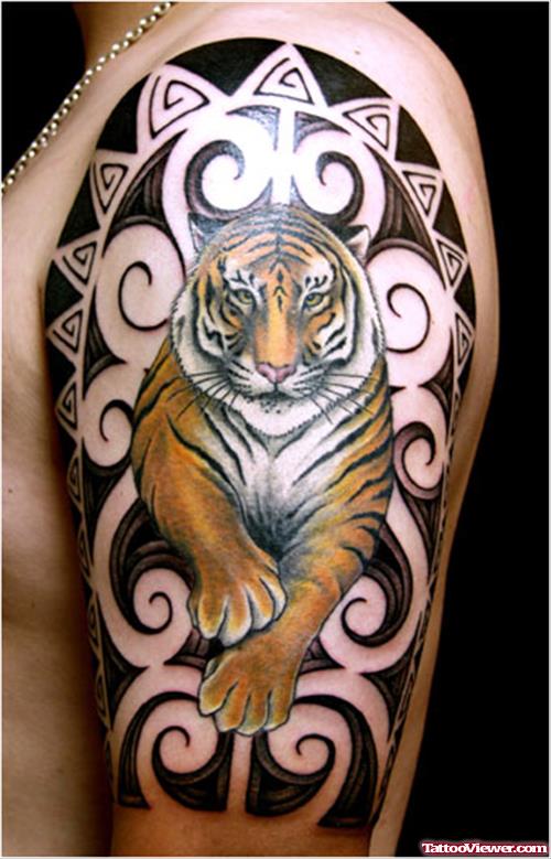 Color Tiger Japanese Tattoo On Half Sleeve