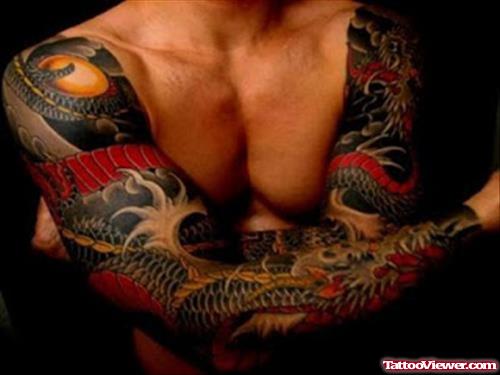 Awesome Colored Japanese Dragon Tattoos On Both Sleeves