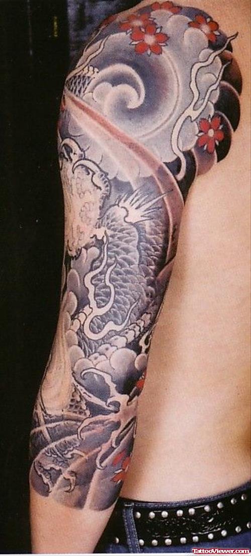 Amazing Japanese Tattoo On Man Left Sleeve