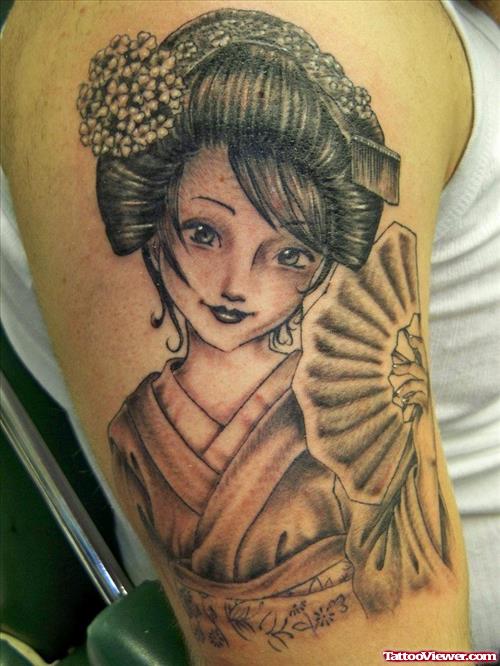 Amazing Grey Ink Japanese Geisha Tattoo On Shoulder