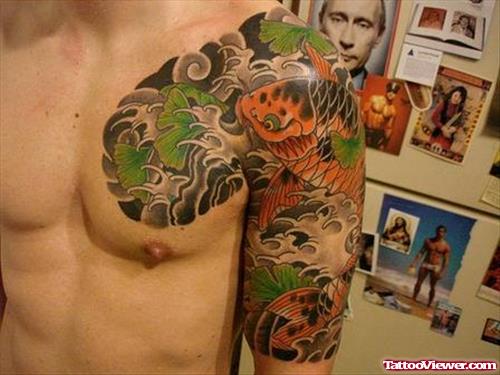 Amazing Colored Japanese Tattoo On Chest and Left Sleeve
