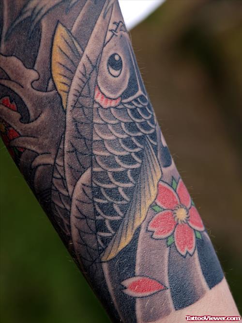 Red Flower And Fish Japanese Tattoo On Sleeve