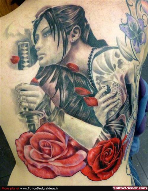 Red Rose Flowers And Japanese Tattoo On Back