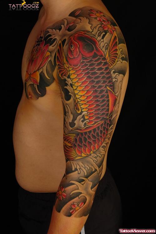 Japanese Koi Fish Tattoo On Left Sleeve