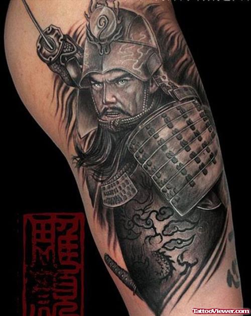 Grey Ink Samurai Japanese Tattoo On Half Sleeve