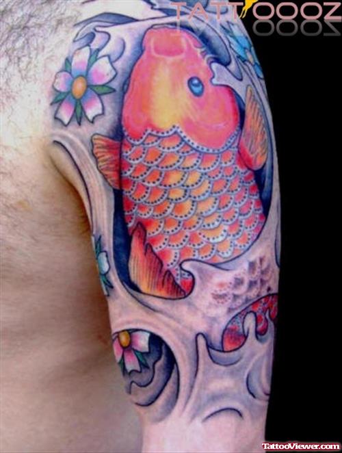 Colored Flower and Japanese Fish Tattoo On Half Sleeve
