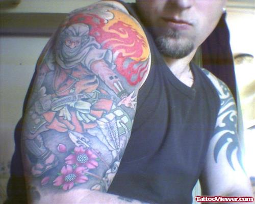 Color Japanese Tattoo On Man Right Half Sleeve