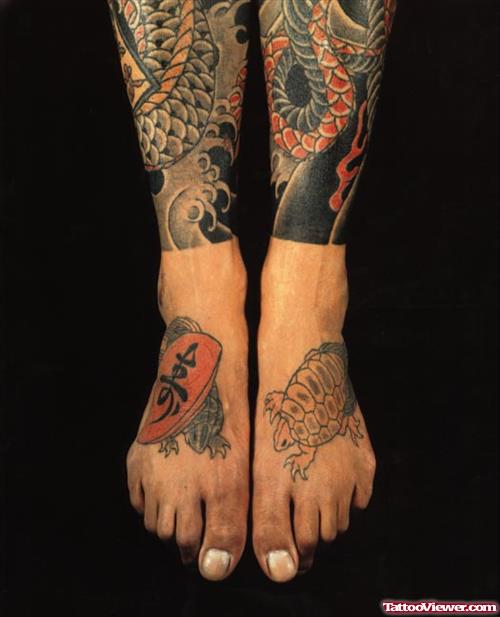 Color Ink Japanese Tattoos On Both Legs