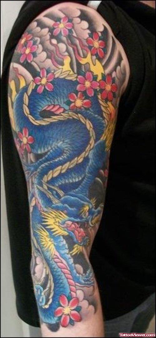 Color Flowers and Japanese Dragon Tattoo On Right Sleeve