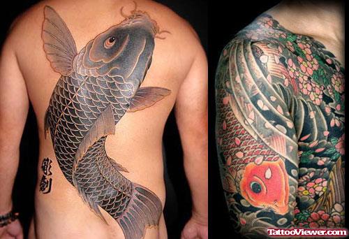 Black Japanese Koi Fish Tattoo On Back And Half Sleeve