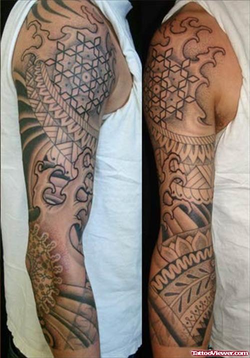 Attractive Grey Ink Japanese Tattoo On Full Sleeve