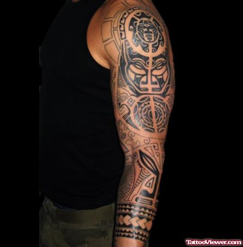 Amazing Grey Ink Japanese Tattoo On Left Sleeve For Men