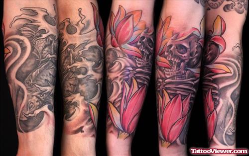 Skull and Japanese Flower Tattoo