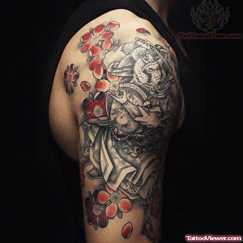 Samurai Japanese Tattoo On Man Right Half Sleeve