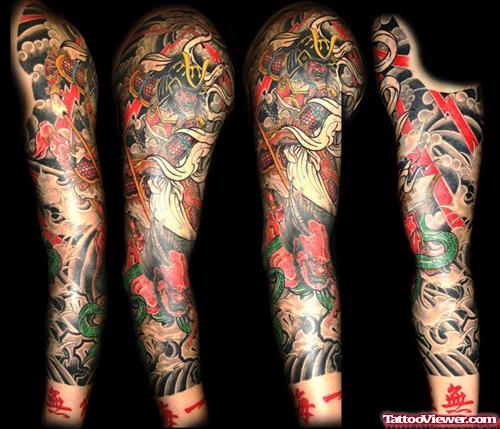 Quality Colored Japanese Tattoo On Full Sleeve