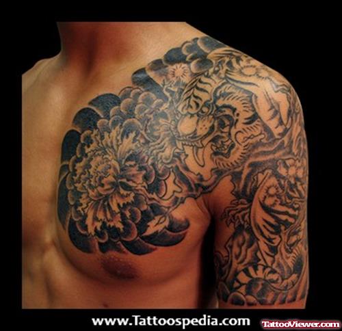 Grey Ink Japanese Tiger Tattoo On Chest And Half Sleeve