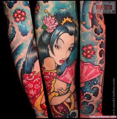 Geisha Girl With Fan And Flowers Japanese Tattoo