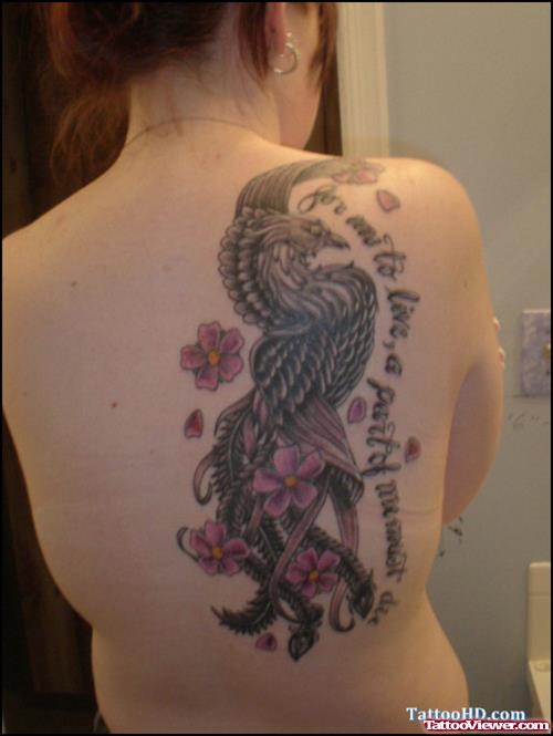 Flowers and Japanese Bird Tattoo On Back