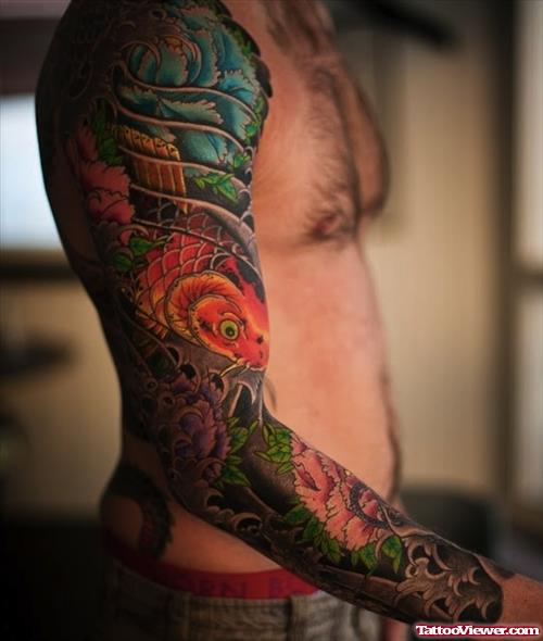 Colored Japanese Tattoo On Man Right Sleeve