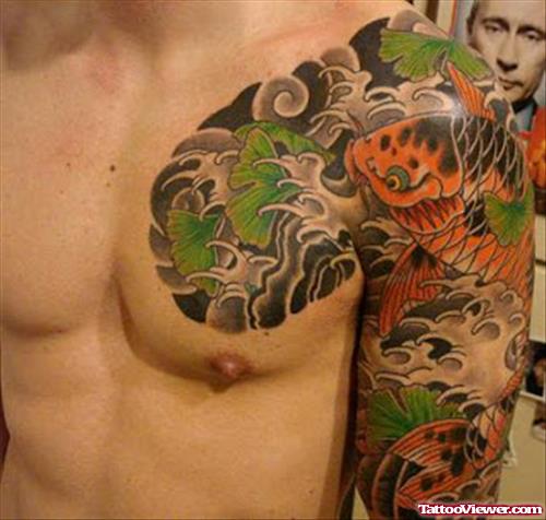Colored Japanese Tattoo On Man Chest And Left Sleeve