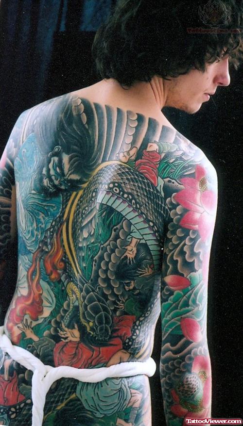 Colored Japanese Samurai Tattoo On Back Body