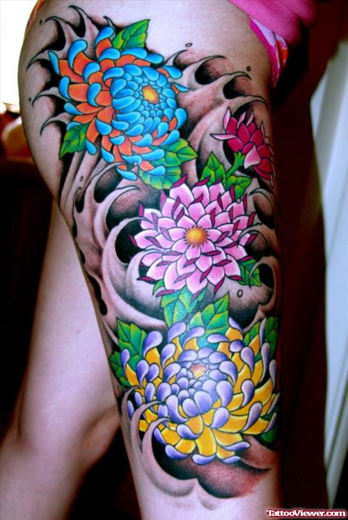 Colored Japanese Flowers Tattoos On Right Leg