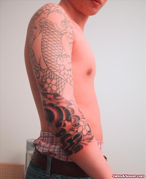 Color Ink Japanese Tattoo On Man Right Sleeve
