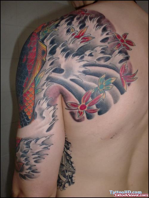 Color Ink Japanese Tattoo On Left Shoulder