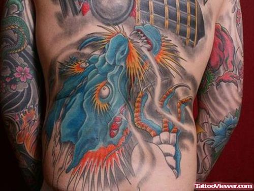 Blue Japanese Dragon Tattoo On Back