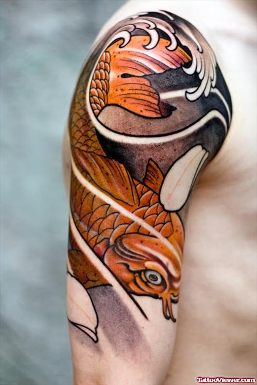 Amazing Japanese Fish Tattoo On Right Half Sleeve