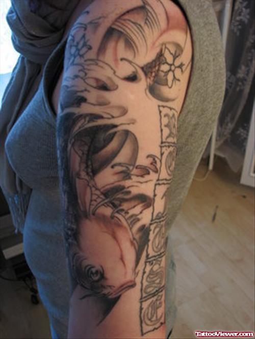 Amazing Grey Ink Japanese Tattoo On Left Sleeve