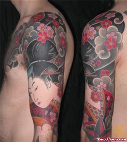 Amazing Color Japanese Geisha Tattoo On Sleeve