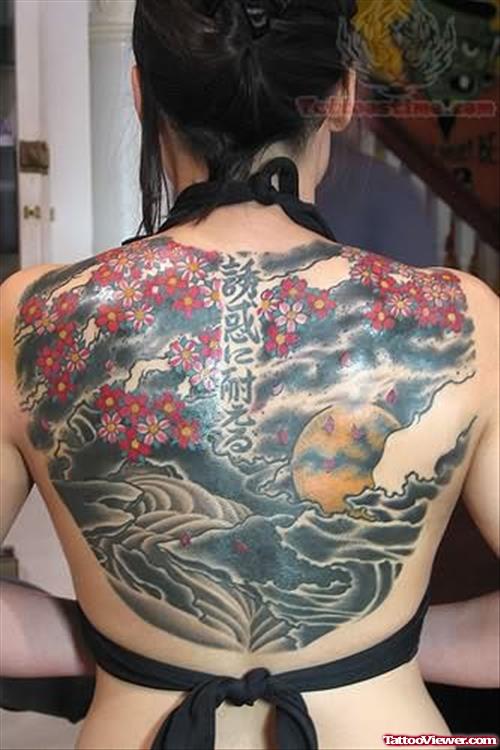 Japanese Girl Showing her Awesome Back Tattoo