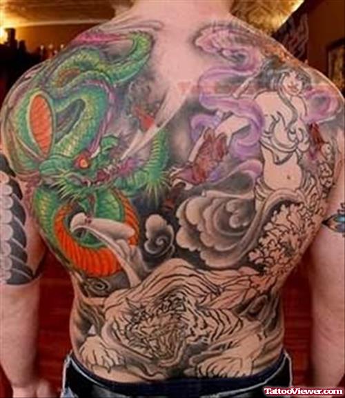Japanese Back Body Colourful Tattoo