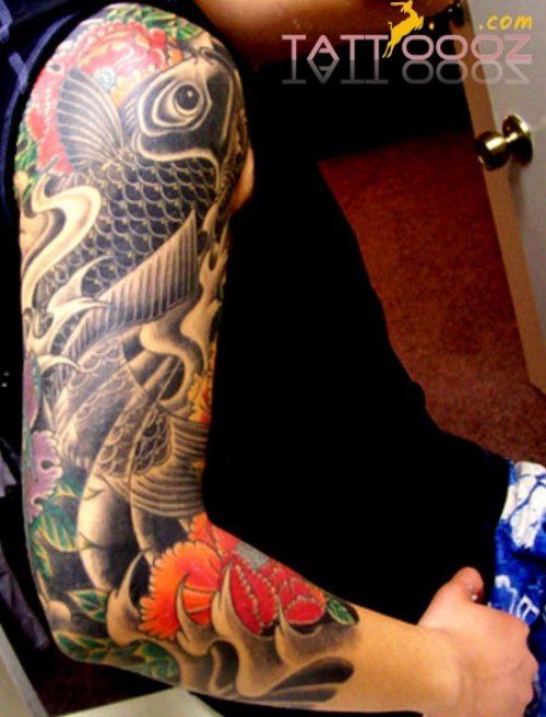 Color Flowers and Koi Japanese Tattoo On Right Sleeve