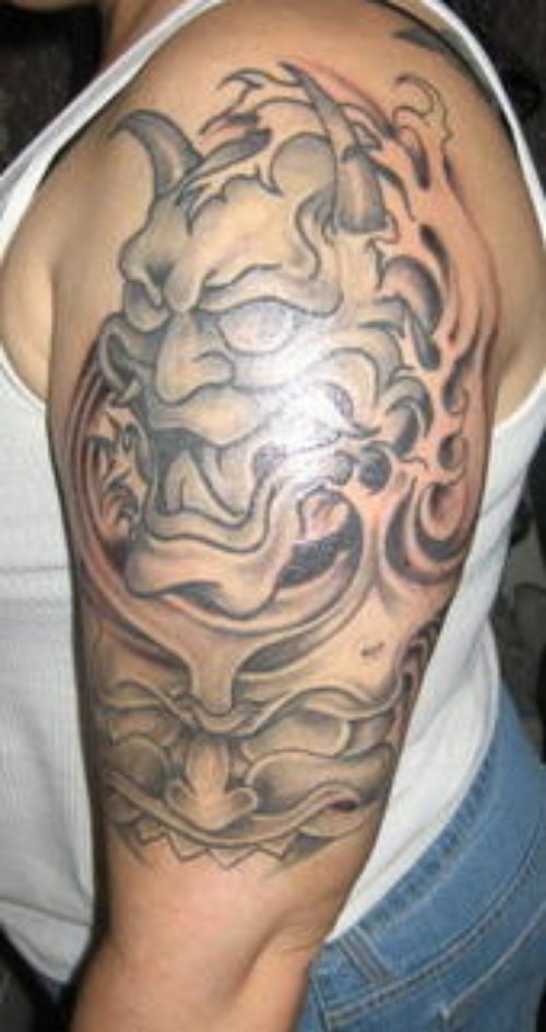 Amazing Grey Ink Japanese Tattoo On Left Half Sleeve