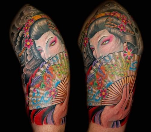 Color Japanese Geisha With Fan Tattoo On Half Sleeve