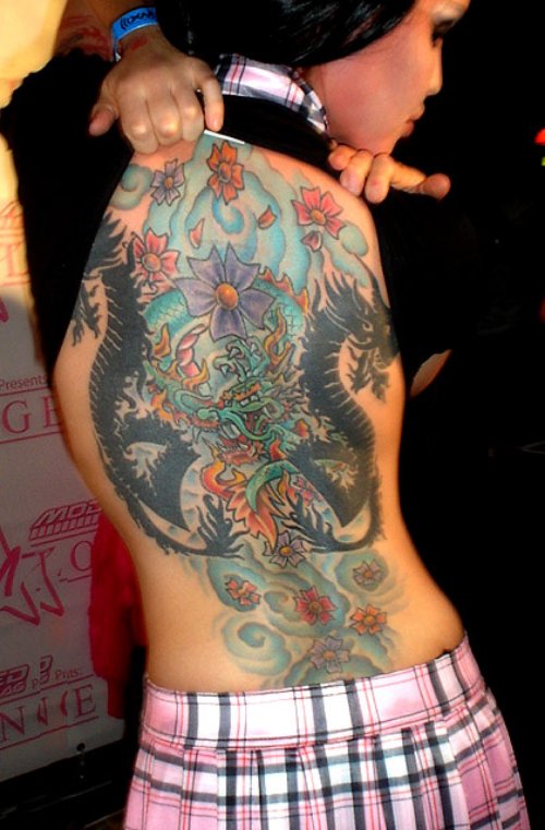 Colored Japanese Tattoo On Full Back