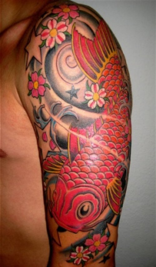 Colored Japanese Koi Tattoo On Left Half Sleeve