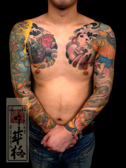 Color Ink Japanese Tattoos On Chest And Both Sleeves