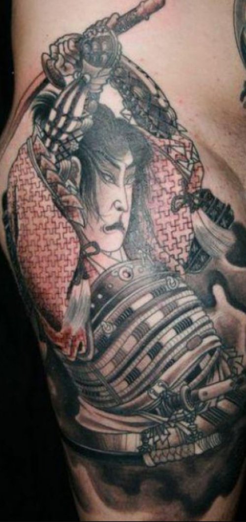 Japanese Smurai Tattoo On Man Right Leg