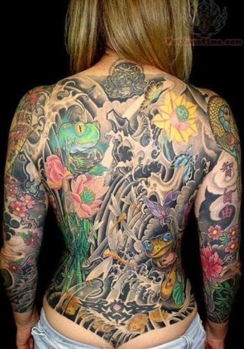 Colored Japanese Tattoo On Girl Back