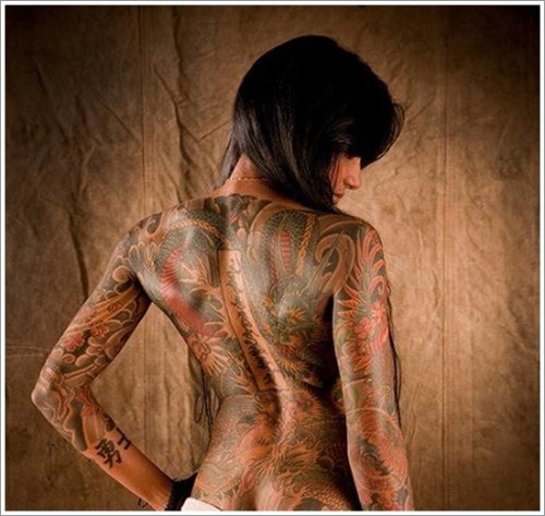 Color Ink Japanese Tattoo On Girl Back Body