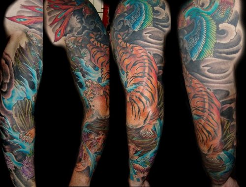 Color Japanese Tiger Tattoo On Sleeve