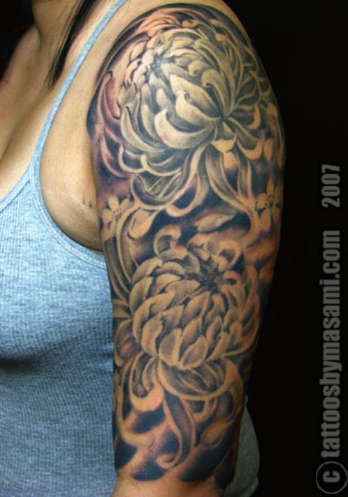 Grey Ink Japanese Flowers Tattoos On Left Half Sleeve