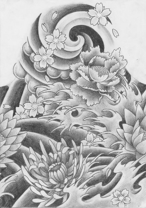 Traditional Japanese Flowers Tattoo Design