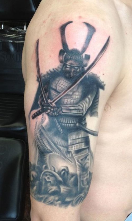 Grey Ink Samurai Japanese Tattoo On Right Half Sleeve